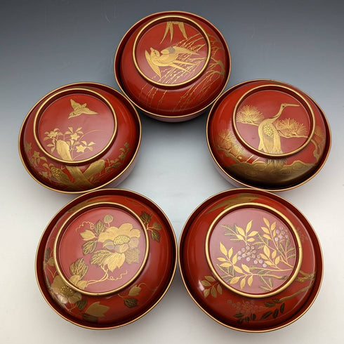 日本古董明治時代京都漆器帶蓋湯碗 5 件套